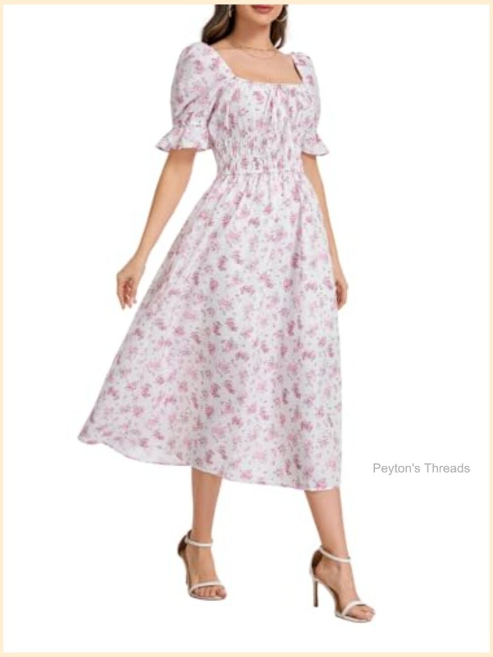 Floral Maxi Dress Puff Sleeve Square Neck Smocked Waist A-Line - Picture 5 of 6